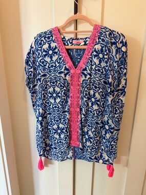 Lilly Pulitzer Blue & Pink Embroidered V-Neck Tunic Top